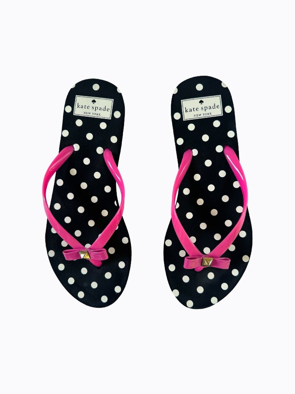 Kate Spade Nadine Flip Flops 7M Black White Polka Dot Pink Bow Sandal Resort EUC